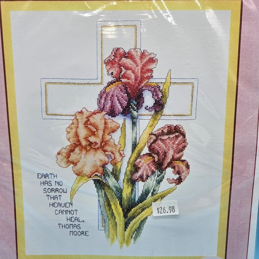 VTG Bobbie G Designs Cross Stitch Kit HEAVEN HEALS 9x12 Religious Cross Flowers